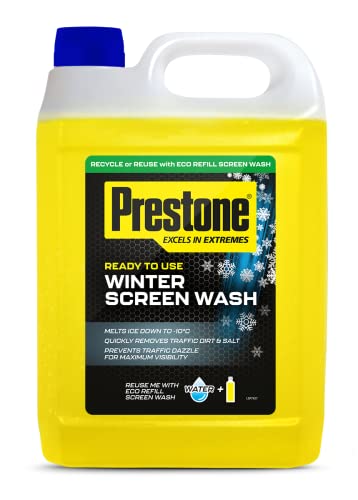 Prestone Winter Screenwash for Cars, Powerful Screen Wash with De Icer melts Ice to -10C Quickly Clears Road Salt Dirt and Traffic Film For Maximum Visibility, 5 Litre