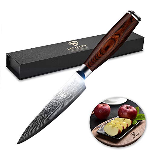 LEVINCHY Damascus Kitchen Utility Knife 5 Inch Paring Knife Peeling Knife Fruit Knife Professional Japanese Damascus Stainless Steel with Premium PAKKA Handle