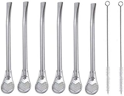 MBB Stainless Steel 304 Drinking Spoon Straws Pack of 6 Silver Infuser Strainer Stirring Bombillas Yerba Mate Tea with 2 Cleaning Brushes