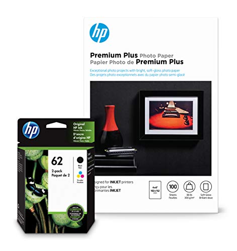 HP 62 Black & Tri-Color Inks Premium Photo Paper, Satin, 100 Sheets, 4x6