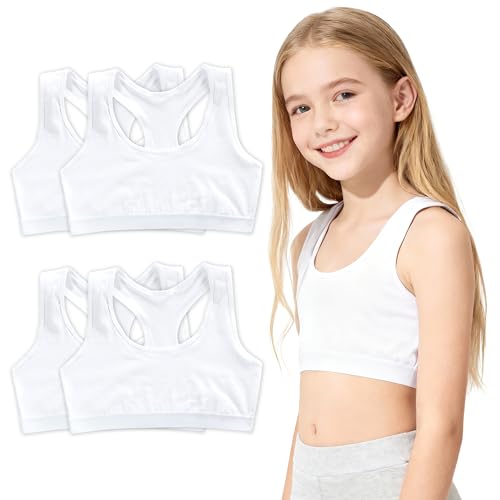 CATMEYE Lot de 4 Brassières Sport Fille, Bralette Douce en Coton-Spandex sans Armature, Crop Tops Confortables pour Adolescentes de 8 à 14 Ans (Blanc)