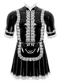 Agoky Men's PVC Leather Wet Look Maid Dress Costume Sissy Short Sleeves Uniform Lace Trim Dresses Set Black XX-Large