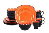 HomeVss, Stoneware Square 16pc Dinnerware Set, Inside Spinwash Swirl Orange + Outside Black