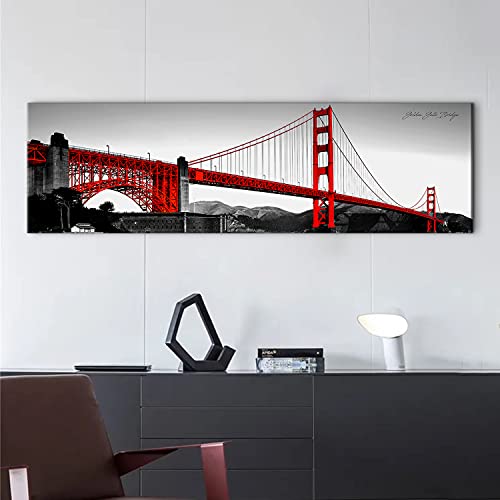 Golden Gate Bridge Wall Art For Living Room Red Wall Decor Black And White Bedroom Artwork Usa Cityscape San Francisco Canvas Pictures City Poster Office Painting Modern Home Decorations 14X48" Piece #TOP5