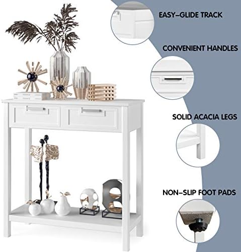 COSTWAY Console Side Table, Modern PC Computer Writing Desk with 2 Drawers and Bottom Shelf, Living Room Entryway Hallway Narrow End Sofa Tables (White)