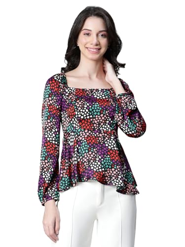 Image of Women Solid Round Neck Elasticated Polka Print Long Sleeve Top