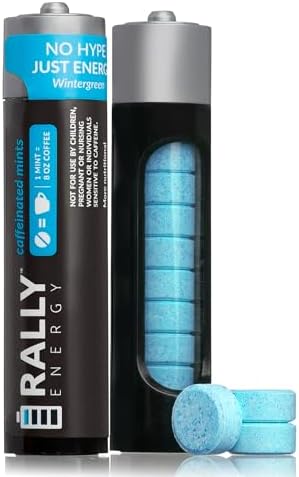 Rally Energy Caffeine Mints by 60milligram Caffeine, Instant Fresh Breath Caffeinated Mints, 0 Sugar, Natural Wintergreen Flavor (2 Packs, 20 Mints)