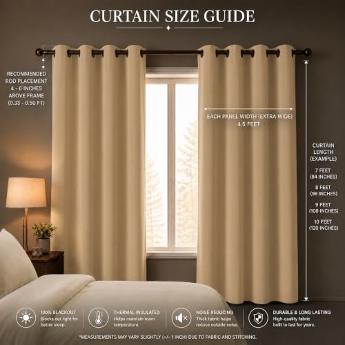 Image of 100% Blackout Long Door Curtains 10 Feet Long Set of 2 - Beige Faux Silk Room Darkening Eyelet Curtains for Bedroom (4.5 Ft Extra Wide Panels), Tiebacks Included, Thermal Insulated