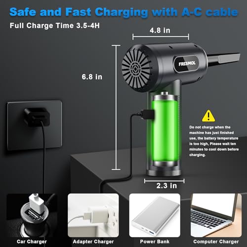 Image of FRESMOL Compressed Air Duster 100000RPM Cordless Grey | 3 Speeds, Smart LED Display, LED Light, 7500mAh Rechargeable, 5 Nozzles & 3 Brushes, for Keyboard, Car, Home, Outdoor
