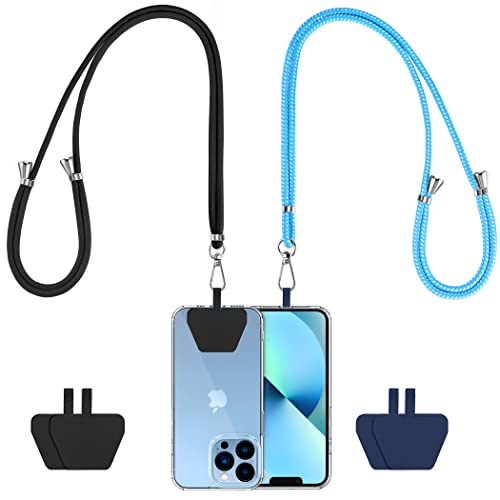CACOE Phone Lanyard 2 PCS-2 PCS Adjustable Neck Strap,4 PCS Patches,Universal Crossbody Multifuctional Cell Phone Lanyards Compatible with Most Smartphones(Black+Bright Blue)