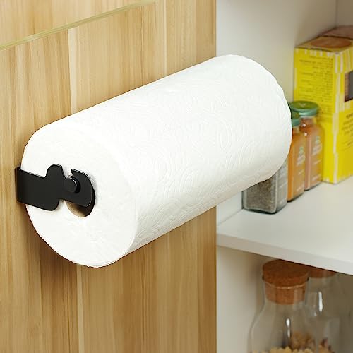 Image of ZUNTO Black Paper Towel Holder Cabinet Door or Under Cabinet - Self Adhesive Big Roll Rack, Wall Mount Paper Towel Bar for Kitchen, Stainless Steel,
