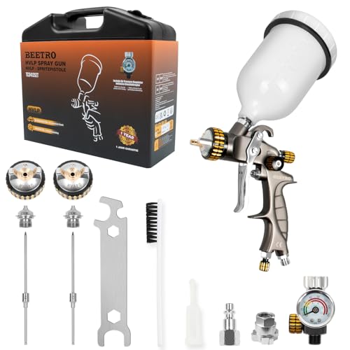 BEETRO Pistolet à air HVLP, 600ml Capacité 14.5CFM 30-43psi Buses 1.4mm/1.8mm avec Adaptateur...