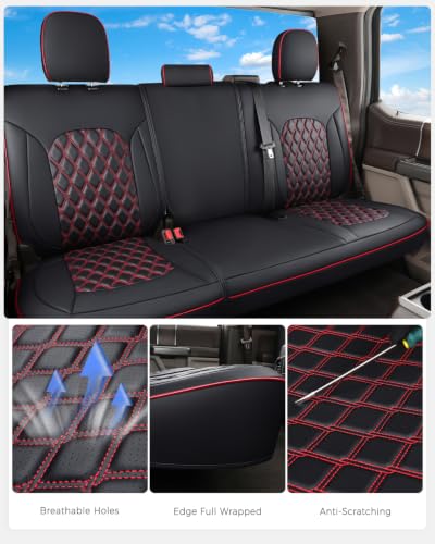 Image of Huidasource Tacoma Back Row Seat Covers, Split Rear Bench Leather Seat Cover Fit for 3rd Gen Toyota Tacoma 2016-2023 Double & Crew Cab SR SR5 Limited TRD Sport /Pro /Off Road (Back Row /Black&Red)