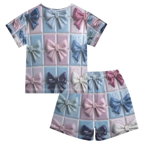 Pajama Sets Short Sleeve Bow Ties on Ceramic Tiles Soft Cotton Summer Sleepwear 2 Piece PJS Size 5-14T2