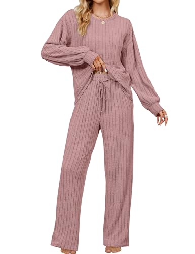 Image of Blooming Jelly Women Ribbed Long Sleeve Pajama Sets Fall Loungewear Pockets