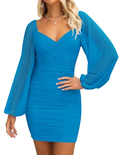 ZESICA Women's Sexy V Neck Ruched Bodycon Mini Dress Puff Long Sleeve Cocktail Wedding Party Short Dresses