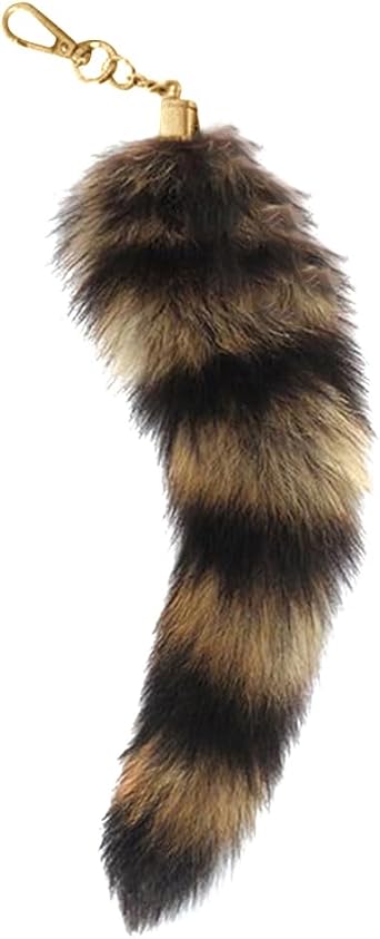 Artificial Racoon Tail 11 Inch, Faux Fur Animal Tail Keychain Holder Fluffy Pendant Charms Chain Ring Hook Tassels