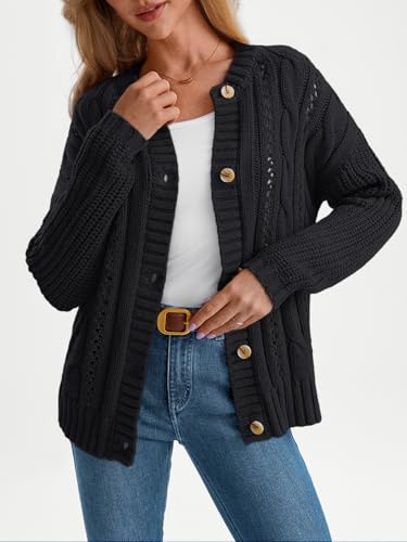 Image of LILLUSORY Women Cable Knit Cardigan Sweaters Cotton Button Up Chunky Outfit | Crochet, Open Front, Cozy Knit, Oversized, Trendy Fall Outfits, Winter Clothes, 2026 Outerwear