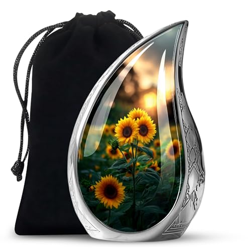 Image of Teardrop Sunflower Urns for Human Ashes Adult Female - Large Urns for Human Ashes Adult - Yellow Sunflower Urn for Mom and Dad - Memorial Decorative Urn for Handmade 10inch