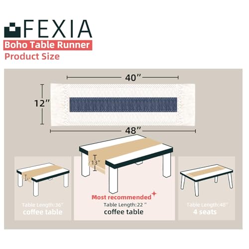 Image of FEXIA Boho Blue Table Runner 48 Inches Long with Tassels Macrame Farmhouse Summer Style Graduation Party Rustic Wedding Baby Shower Dining Kitchen Living Room Decor (12x48 Inches)