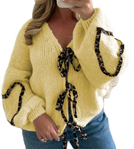 Image of Women's Tie Knot Leopard Heart Print Knit Cardigan Oversized V Neck Open Front Bandage Sweater Trendy Fall Knit Outwear