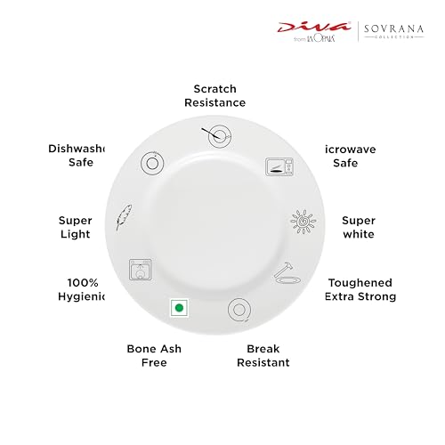 Image of La Opala Diva Sovrana Collection Opal Glass Crockery | for Family of 8 | Dinner Set 62 pcs Persian Silver | Plates & Bowls for Dining | Microwave Safe | 100% Vegetarian | Extra Strong | Light & White