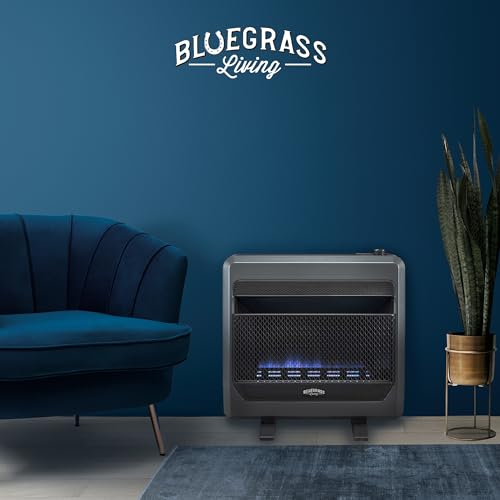 Bluegrass Living B30TNB-BB Ventless Natural Gas Blue Flame Space Heater with Thermostat Control, 30000 BTU, Heats Up to 1400 Sq. Ft., Includes Wall Mount, Base Feet, and Blower, Black
