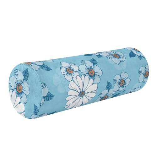 Neck Roll Pillow for Sleeping,Cervical Neck Pillow Round Bolster Pillow with Removable Washable Memory Foam Pillow for Head Neck Back and Legs 17x 5.5 in Blue Petals