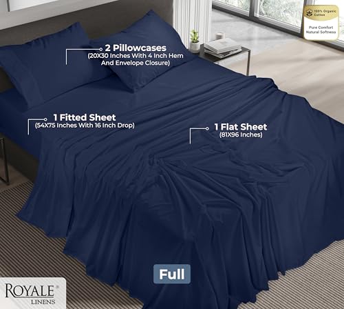 Image of ROYALE LINENS 100% Organic Cotton Full Sheet Set - Percale Weave - 4 Pieces Set - 1 Flat, 1 Deep Pocket Fitted Sheet and 2 Pillowcases - Navy Bed Sheets - Sabanas Full - Crisp Cool (Navy)