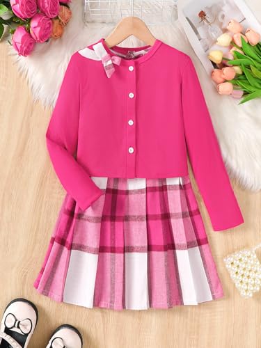 Image of PureChapter Girls' Preppy Clothes Plaid Vest Dress Cardigan Jacket Belt Cute Kids Clothes 7-14Y Green