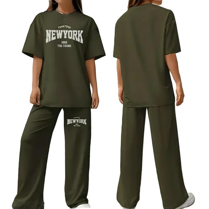 Image of My Swag Women's New York Graphic Loungewear Set, Cotton Short Sleeve T-Shirt and Pants