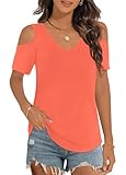 Elesomo Womens Short Sleeve Tshirts V Neck Cold Shoulder T-Shirt Summer Tee Tops, Coral XL