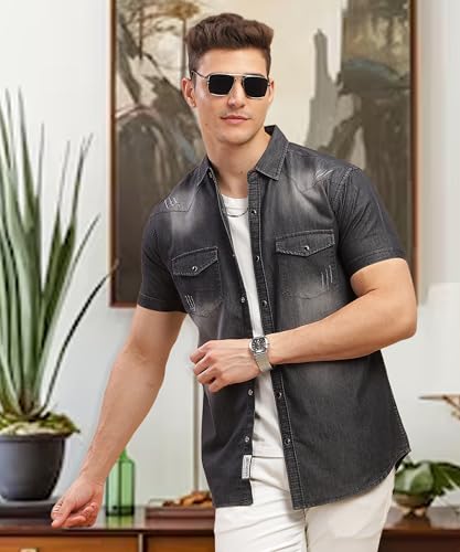 Image of Kuons Avenue Men's Black Double Pocket Half Sleeve Denim Shirt | Western Denim Shirt for Men