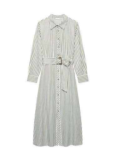 Vsadsau Women Lapel Long Sleeve Striped Dress Button Belt Casual Long Dress Evening Party Dresses