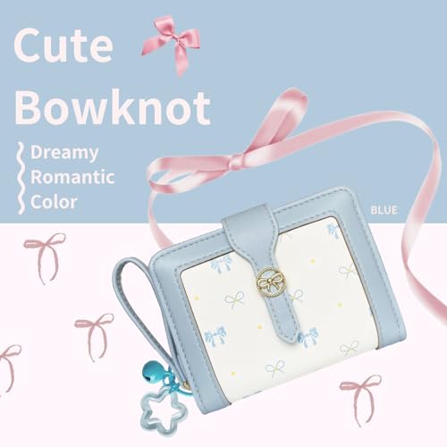 Image of Cute Wallet Girls Bow Small Little Wallets For Women Zipper Coin Pocket Purse (Blue)