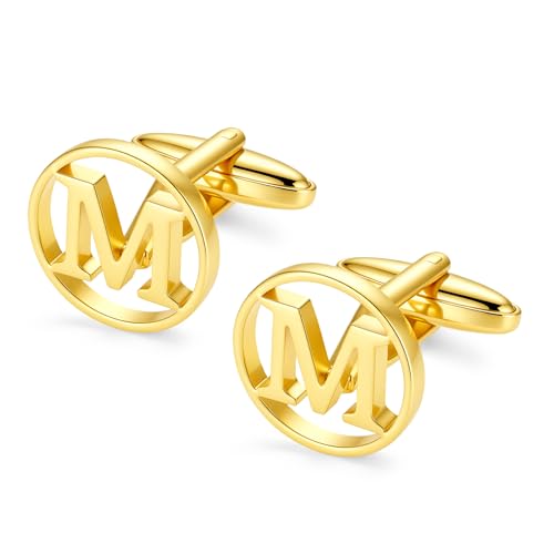 GWD Cufflinks for Men Classic Tuxedo Shirt Wedding Cuff Links Personalized Initials A-Z Gift (Gold-M)