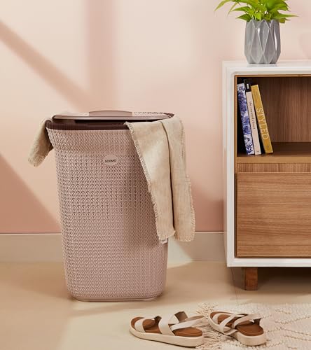 Image of Amazon Brand - Solimo Knit Laundry Basket - Big - 55 Litres - 44 Cm X 35 Cm X 61 Cm | Royal Light Brown - Polypropylene