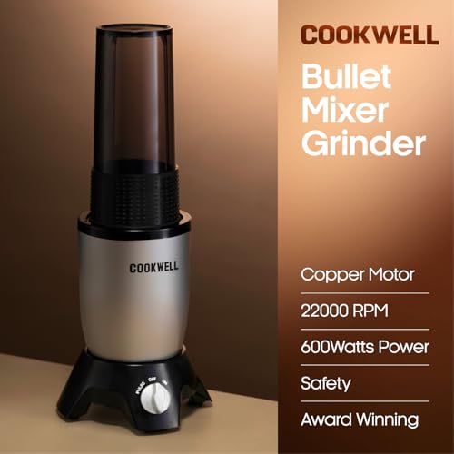 Image of Cookwell Bullet Mixer Grinder (Metallic Silver, 3 Jars, 2 Blades)