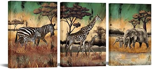 WuaoArt 3 Pieces African Animal Canvas Wall Art Safari Fall Animal Family Mom and Baby Prints Picture Wild Elephant Giraffe Zebra Artwork for Home Office Decor 12"x16"