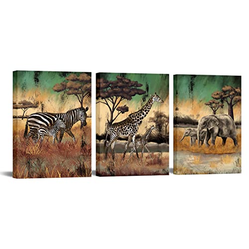 Wuaoart 3 Pieces African Animal Canvas Wall Art Safari Fall Animal Family Mom And Baby Prints Picture Wild Elephant Giraffe Zebra Artwork For Home Office Decor 12"X16" #TOP1