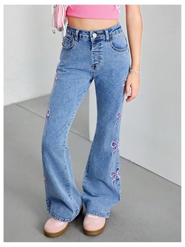 WDIRARA Girl's Cute Bowknot Embroidery Flare Jeans Y2k High Waisted Bootcut Denim Pants2