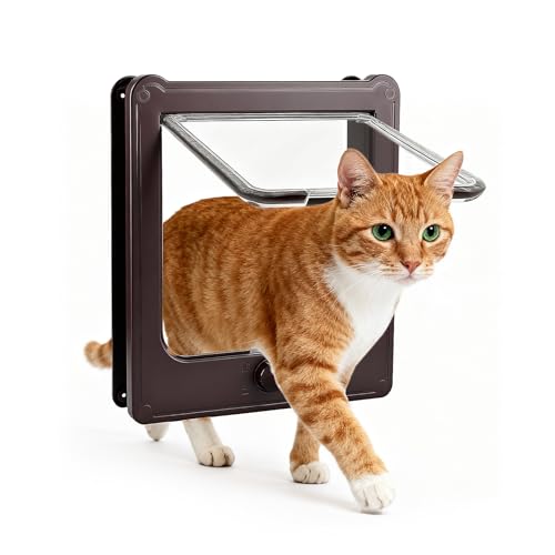 NAMSAN Cat Door Interior Door, Brown, Flap Opening 7.1" x 7.3", 4 Way Locking Cat Door for Exterior Door, Weatherproof Pet Door for Cats Small Dogs, Cat Flap Doors for Wooden/Metal Door, Window