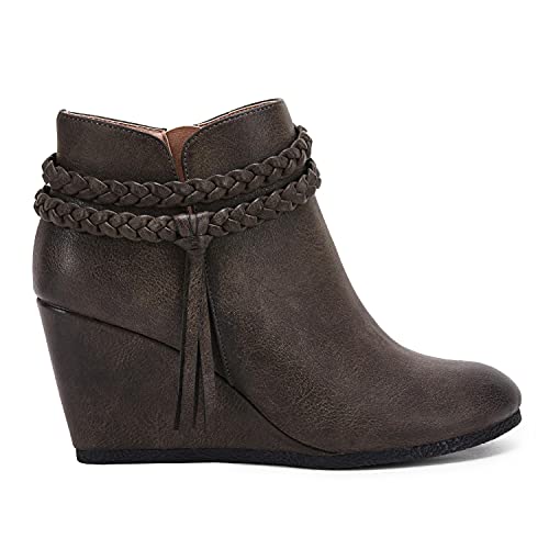 Image of Fashare Womens Wedge Ankle Boots Braided Fringe Strap Western Heeled Fall Booties Dress Shoes