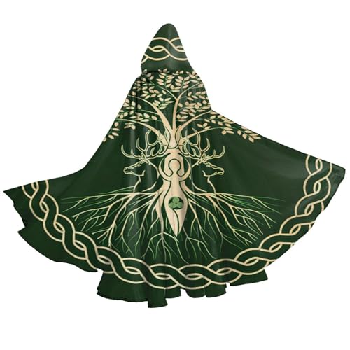 YETTA YANG Yule Christmas Tree Pagan Deer Yuletide Wicca Halloween Hooded Robe Cloak for Adult Men - Cloak with Hood for Women - Christmas Holiday Party Hoodies Cape Cosplay Costumes
