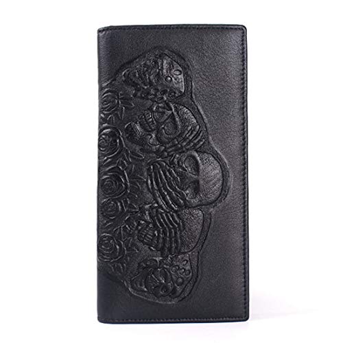 Mens Slim Genuine Leather Bifold Long Wallet Embossed Skull Checkbook Wallet for Women