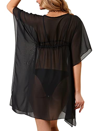 Soul Young Cover Ups For Swimwear Women V Neck Beach Chiffon Swimsuit Coverup Oversized(One Size,Black) #TOP5