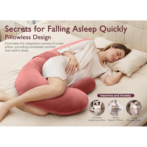 Image of J-Shaped Sleeping Pregnancy Pillow| Removable Velvet Covers| PregnoCare Fibres| Baby Shower Gift, Maternity, Nursing| Full Body Soft-Support Bump, Head, Back, Shoulder, Hips, Legs and Belly(Rose Gold)
