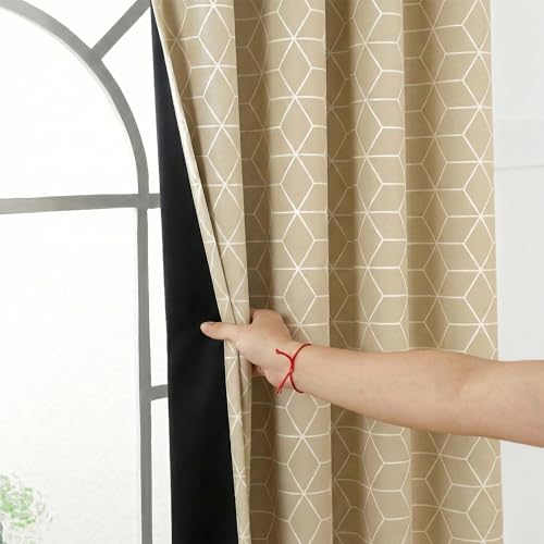 Story@Home 100% True Blackout Window Curtains 5 Feet Long Set of 2 | Hexagon Printed | Room Darkening Curtain | Thermal Insulated Curtains for Living Room | (116 x 152 cm, Beige)