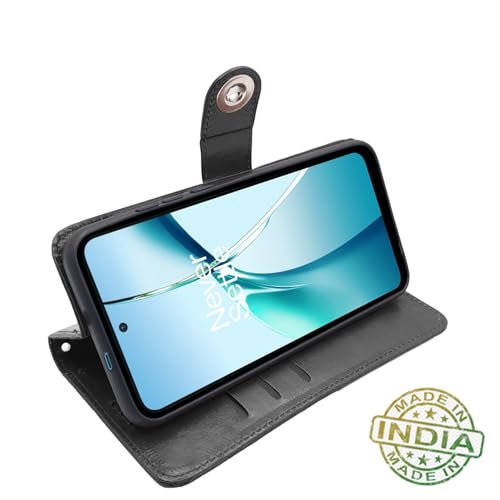 Image of Pikkme Flip Cover Leather Finish | Inside TPU with Card Pockets | Wallet Stand and Shock Proof | Complete Protection Button Flip Case for OnePlus Nord CE 4 Lite 5G (Black)