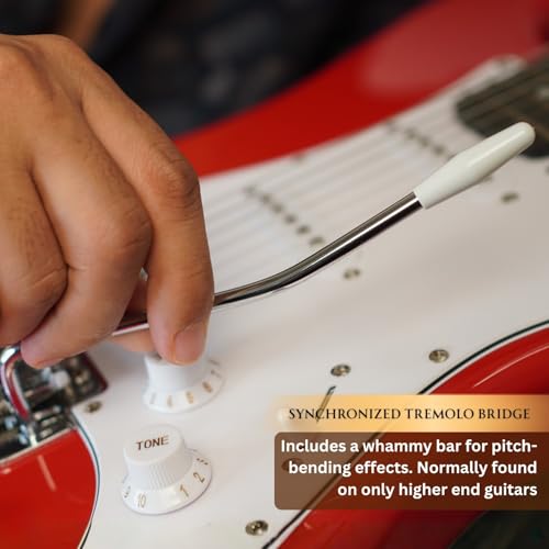 Image of Henrix ST- 6 String Strat Style Maple Wood Electric Guitar With Gig-Bag, Tuner, Cable, Polishing Cloth, Strap, Picks & E-Book - Red